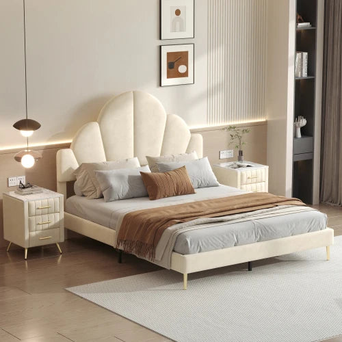 Velvet Upholstered Bed Frame With Petal Headboard And Nightstands