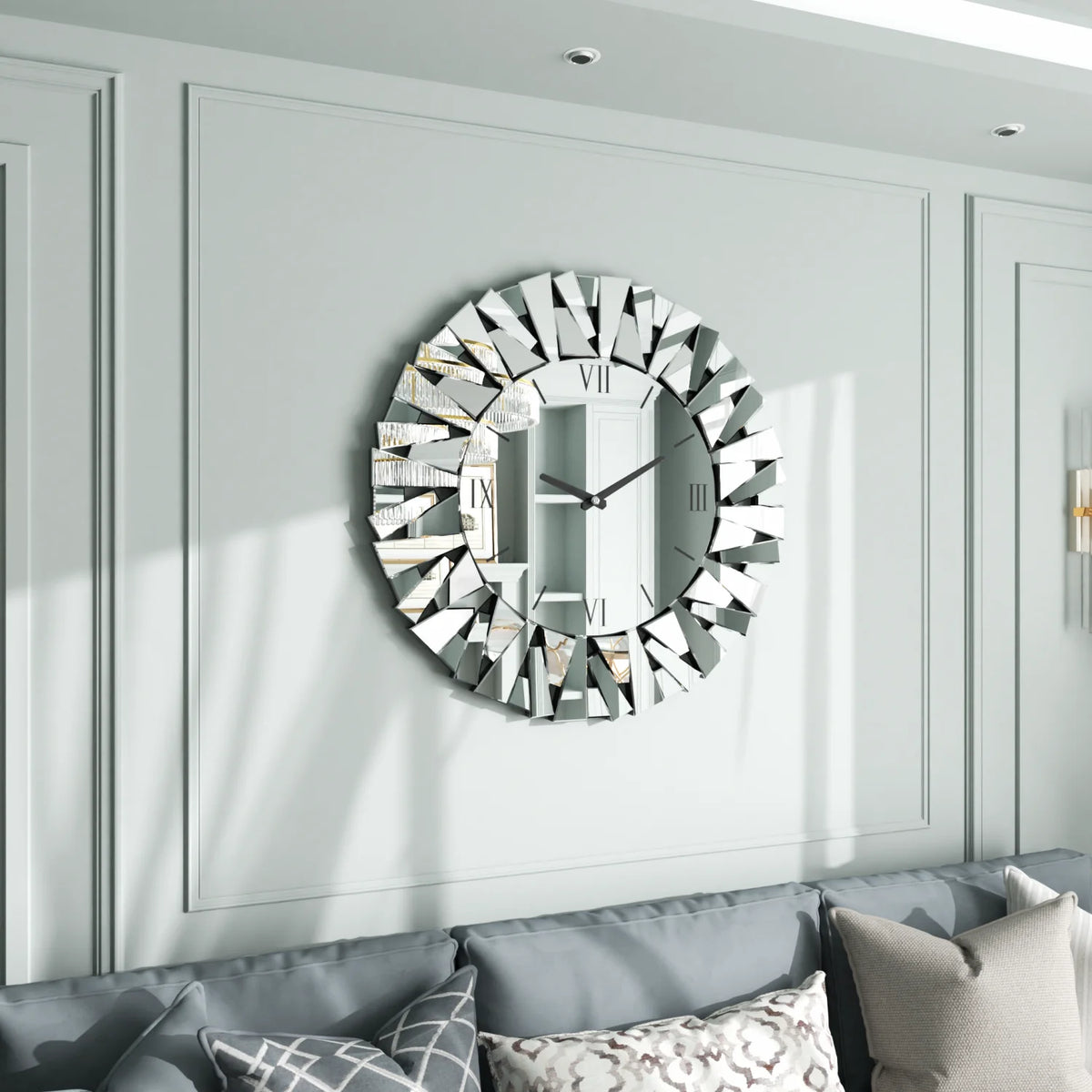 Mirrored Wall Clock With Beveled Glass Edge Silent Movement
