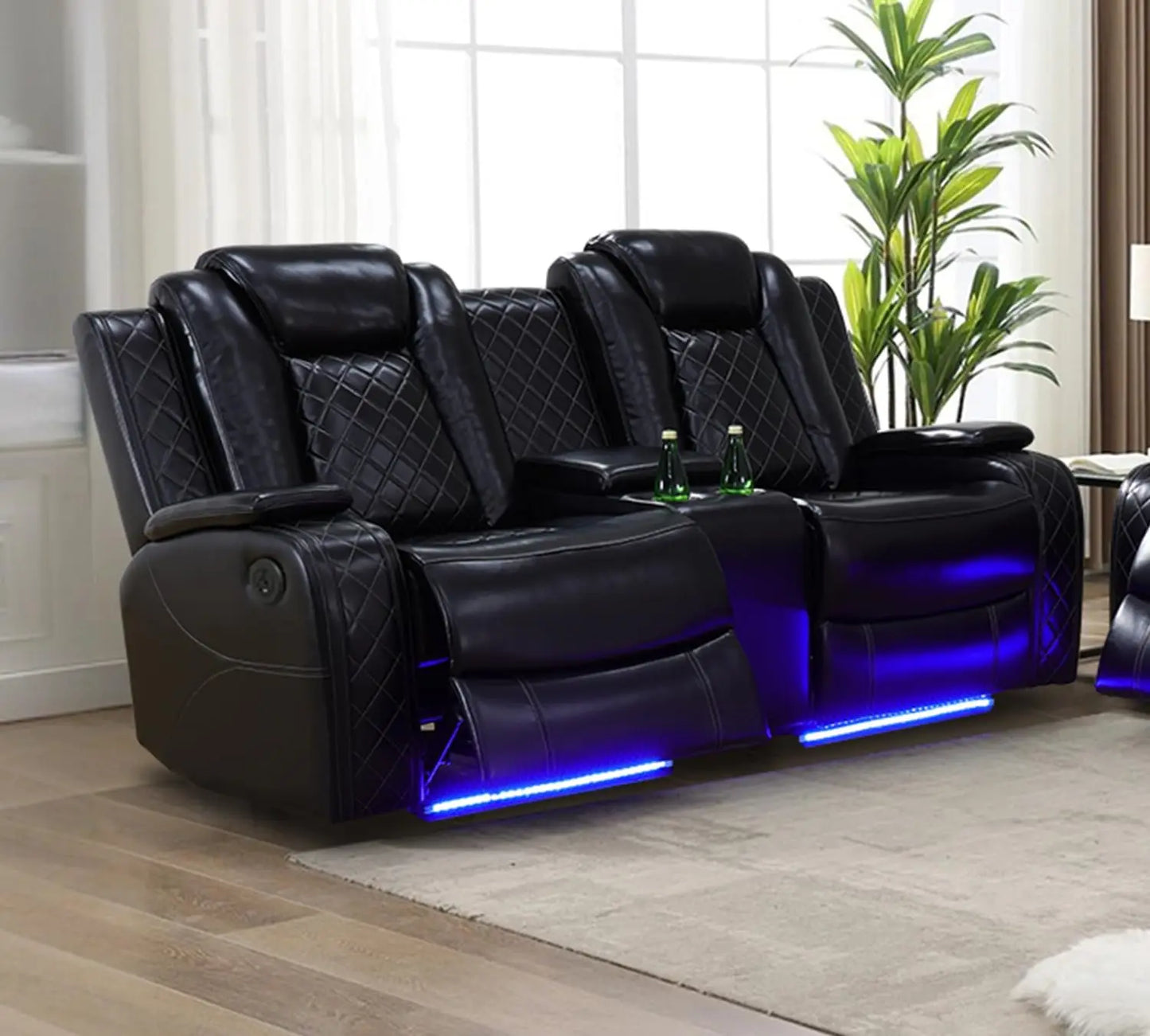 Faux Leather Power Recliner Loveseat With USB Port LED Lights Console