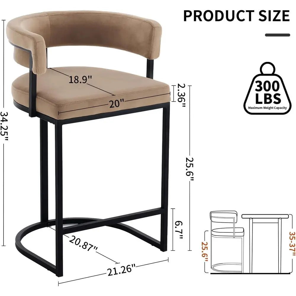 Velvet Bar Stools With Barrel Backrest and Metal Footrest
