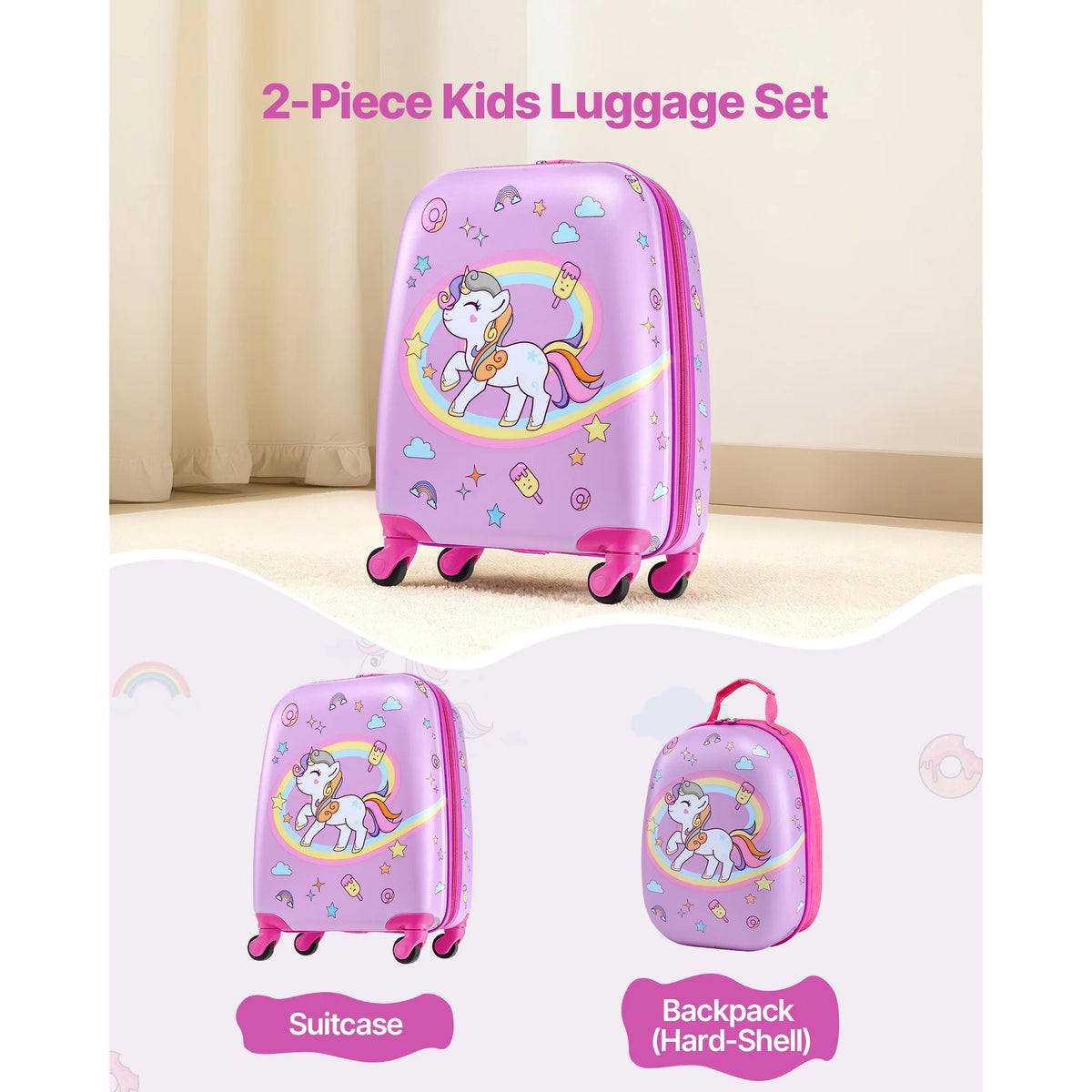Unicorn Luggage Set With Rolling Suitcase And Hard Shell Backpack