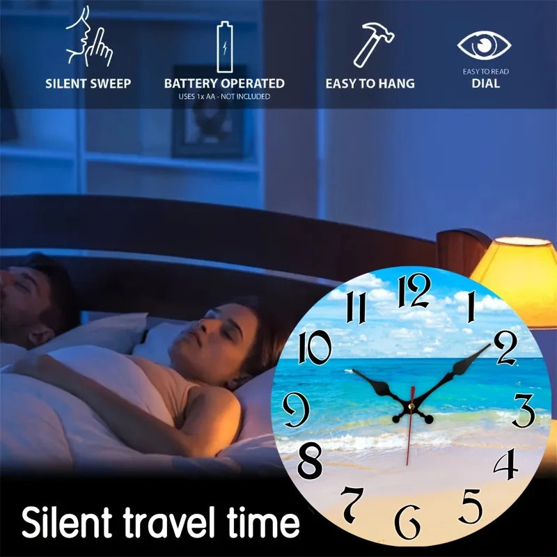 Blue Sky White Clouds Beach Themed Wall Clock Silent Battery Operated