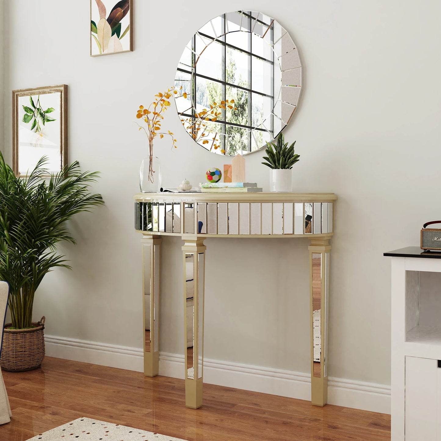 Half Moon Mirrored Console Table Living Room Entryway