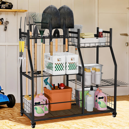 Metal Freestanding Garage Tool Organizer Cart On Wheels Five Shelves