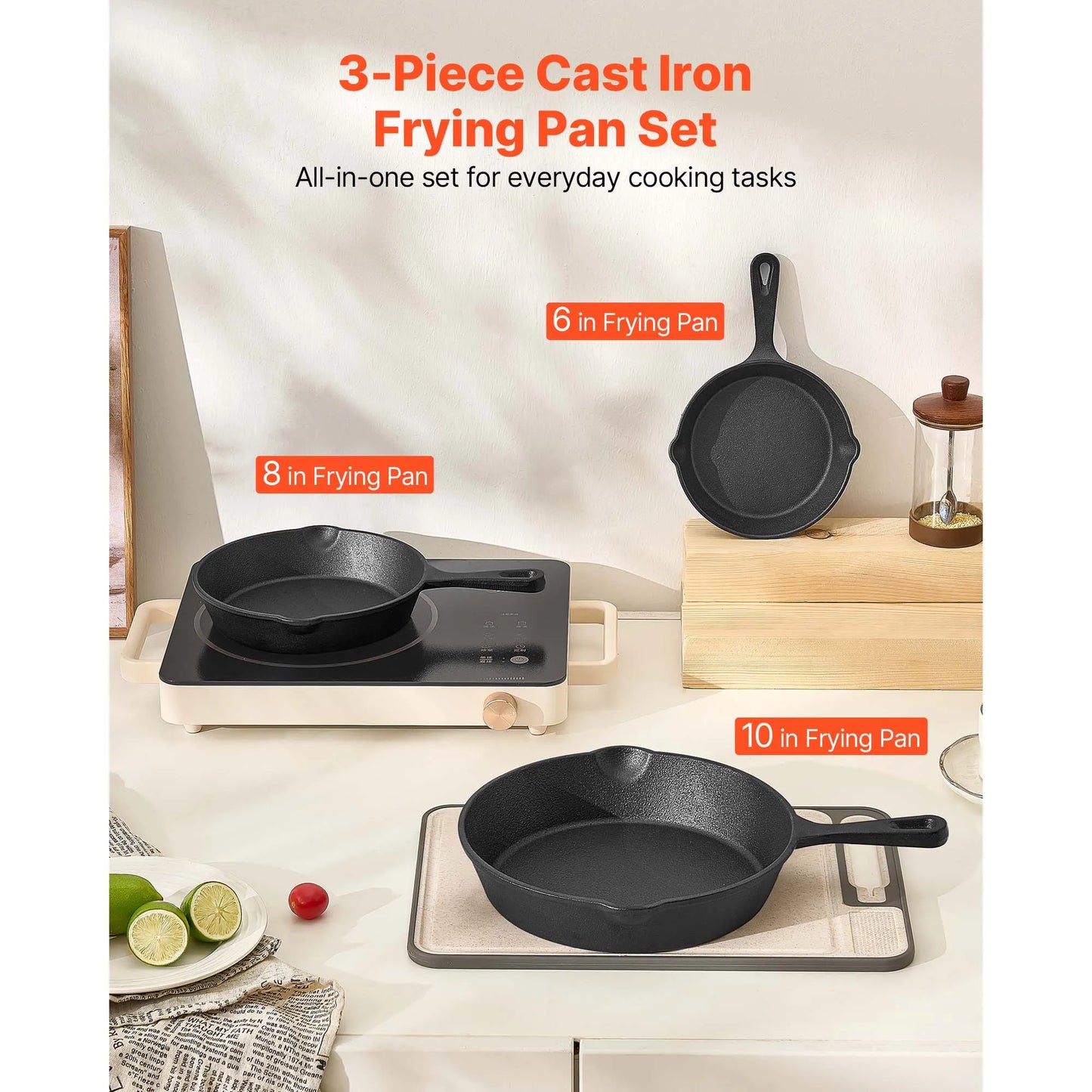 SucceBuy Cast Iron Skillet Set Heavy Duty Preseasoned Frying Pans