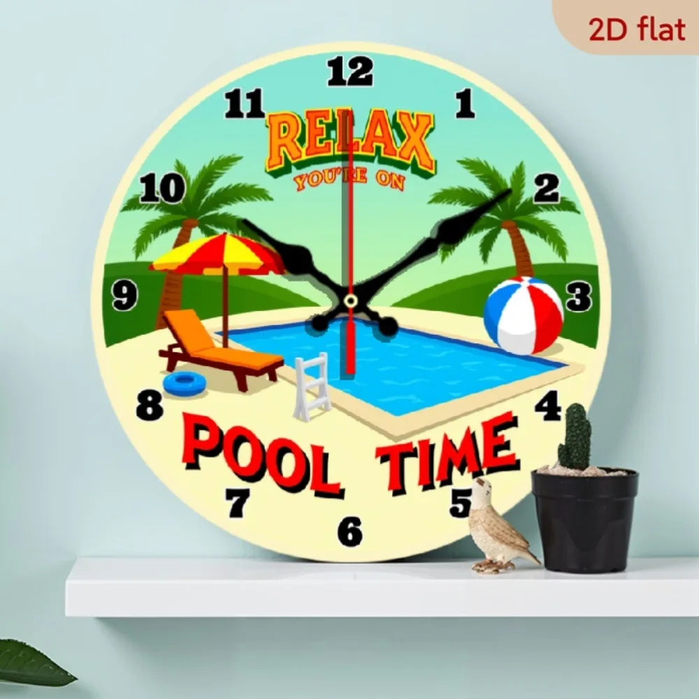 XMSJ Tropical Pool Time Wooden Wall Clock Silent Beach Decor