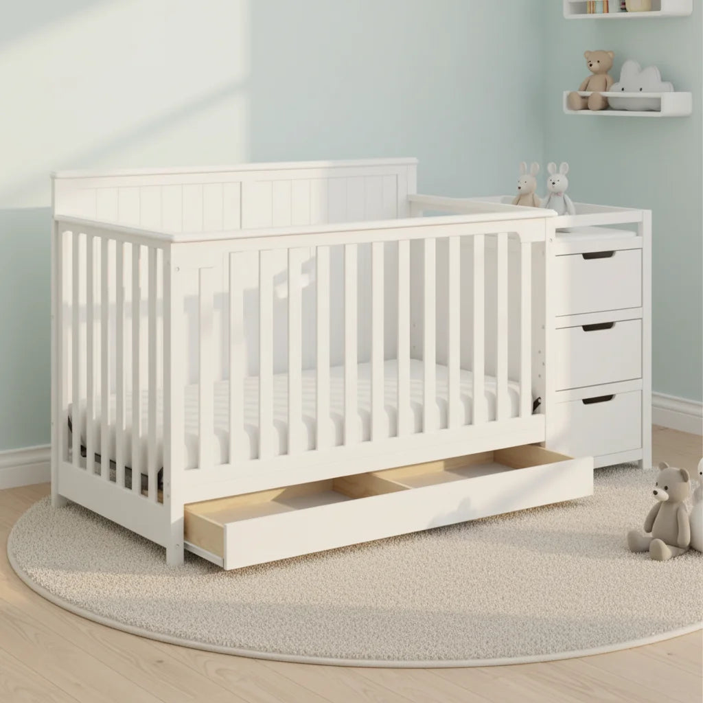 Modern Three In One Kids Crib And Wooden Changing Table