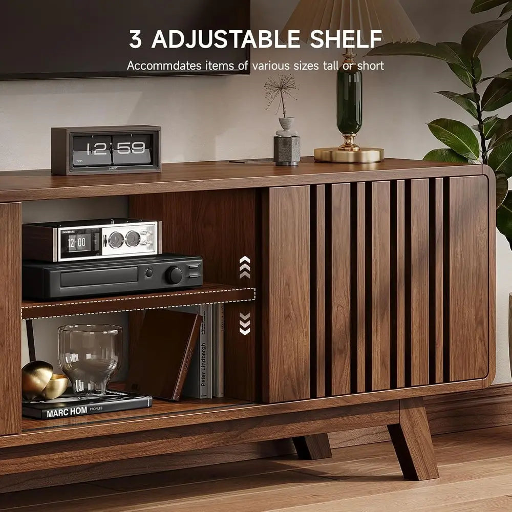 Modern TV Stand Entertainment Center With Power Outlet Sliding Door