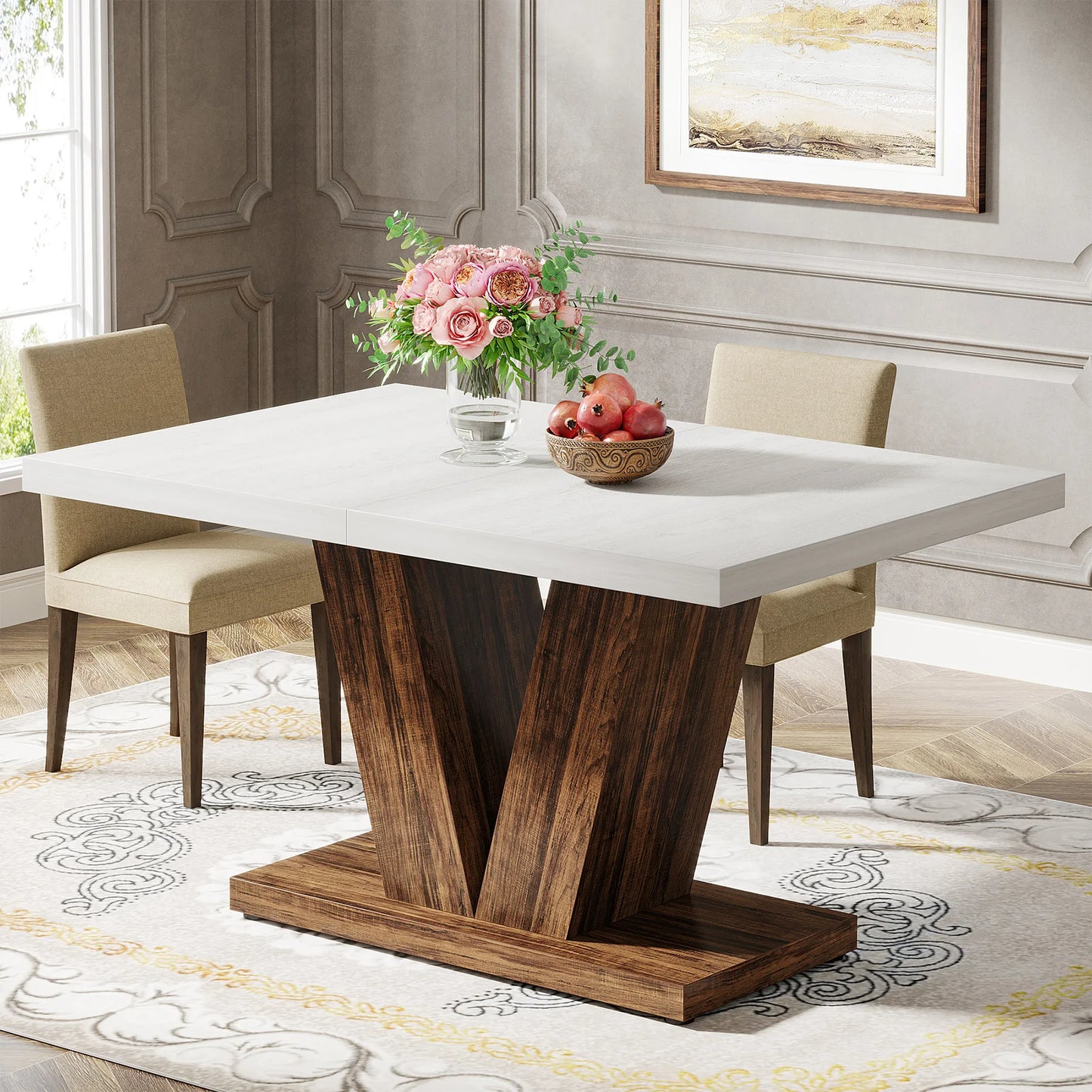 Tribesigns Dining Table Farmhouse Wood Pedestal For 4 To 6