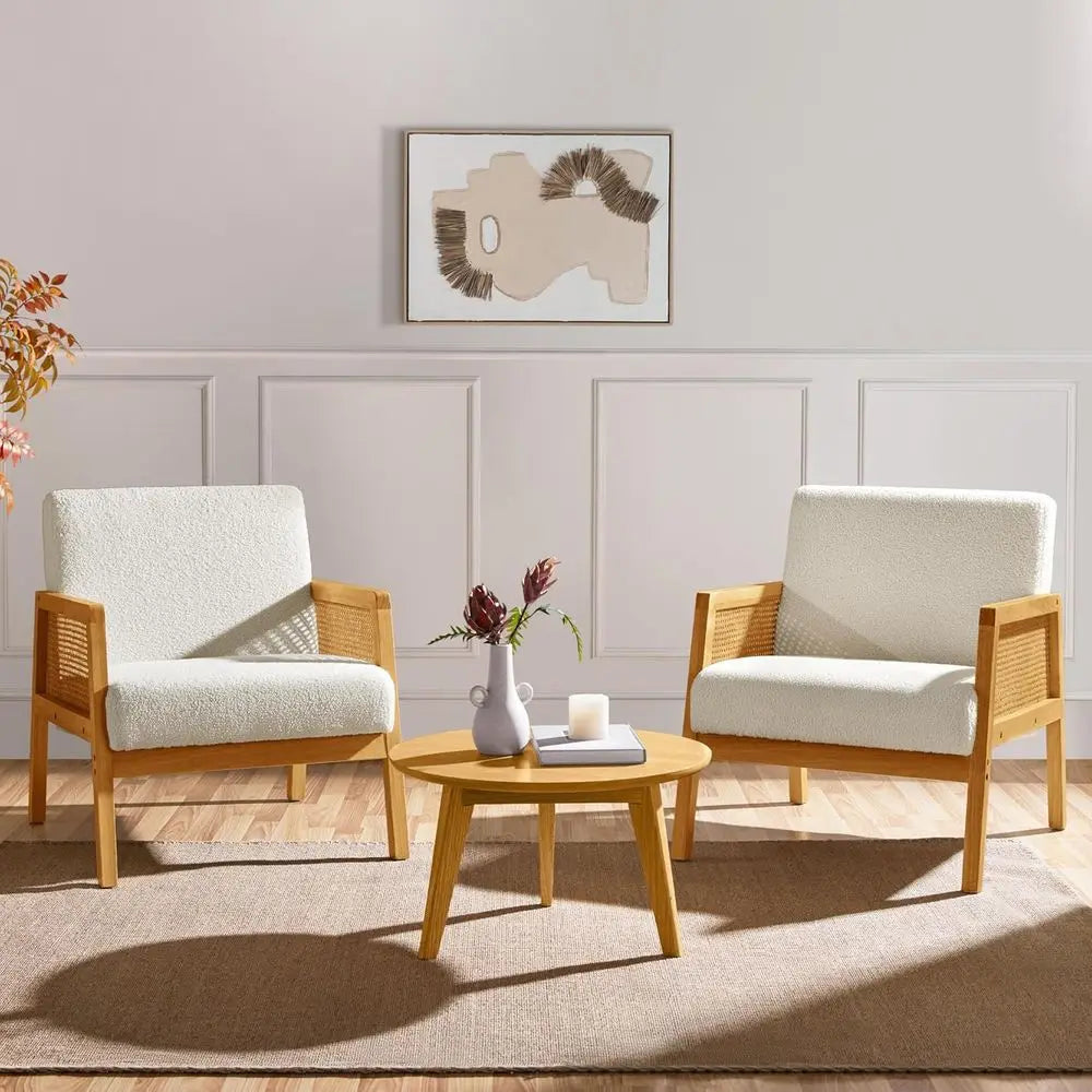 Rattan Accent Chairs Set Boho Vintage Boucle Fabric Reading Chairs