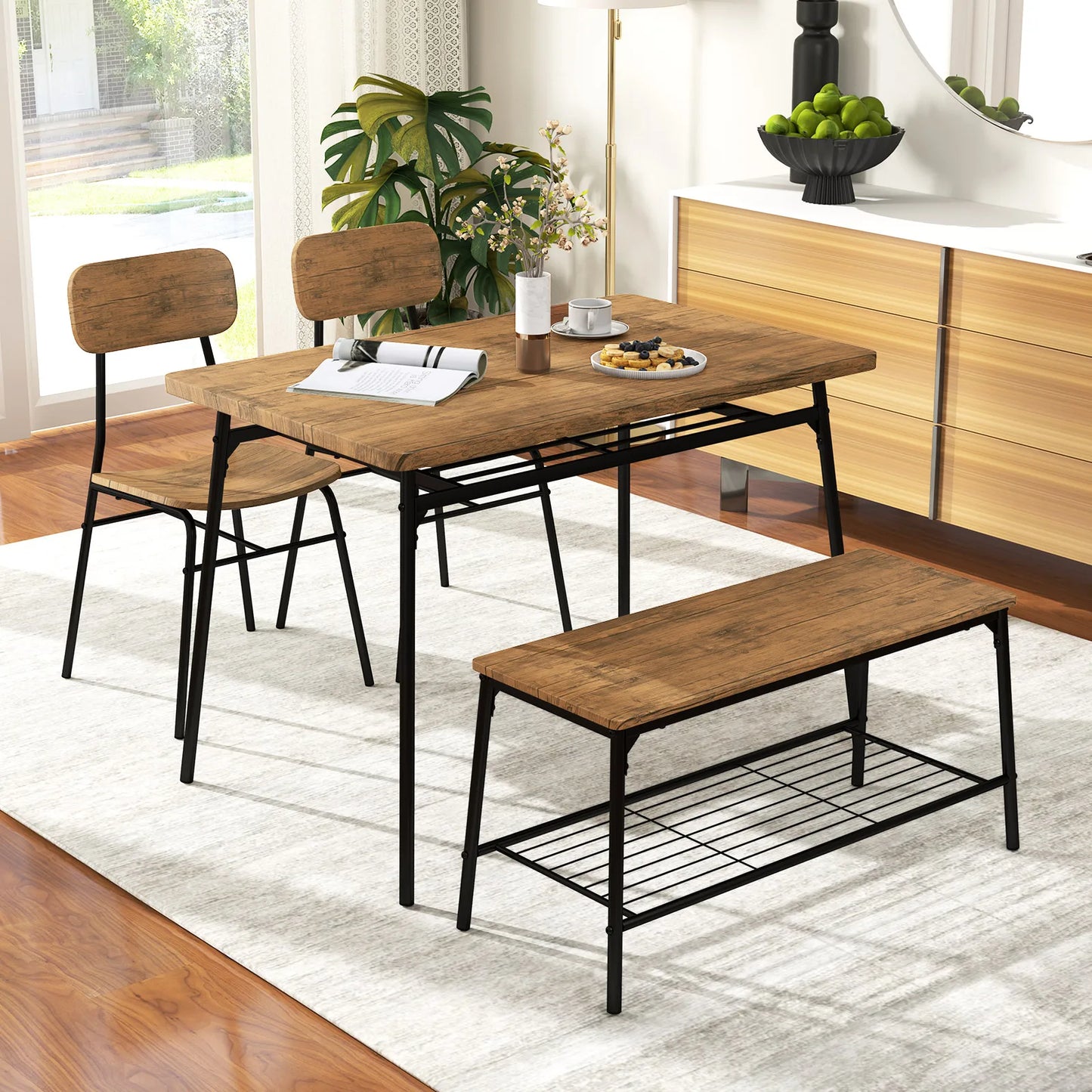 HOMASIS 4 Piece Dining Table Set Bench And Two Chairs
