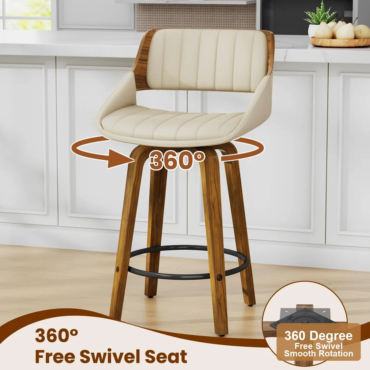 Four Swivel Counter Height Bar Stools with Upholstered Bentwood Backs