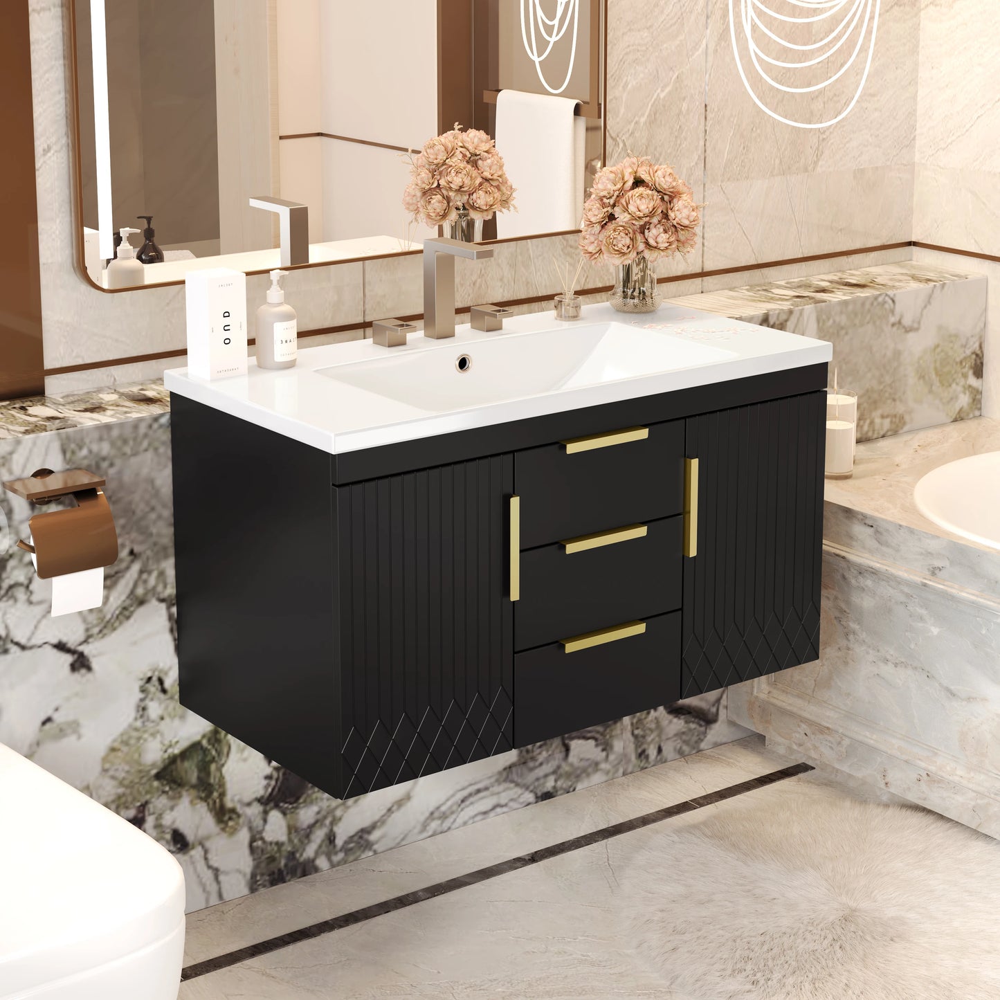 Wall Mounted Floating Bathroom Vanity Cabinet With Drawers Solid Wood