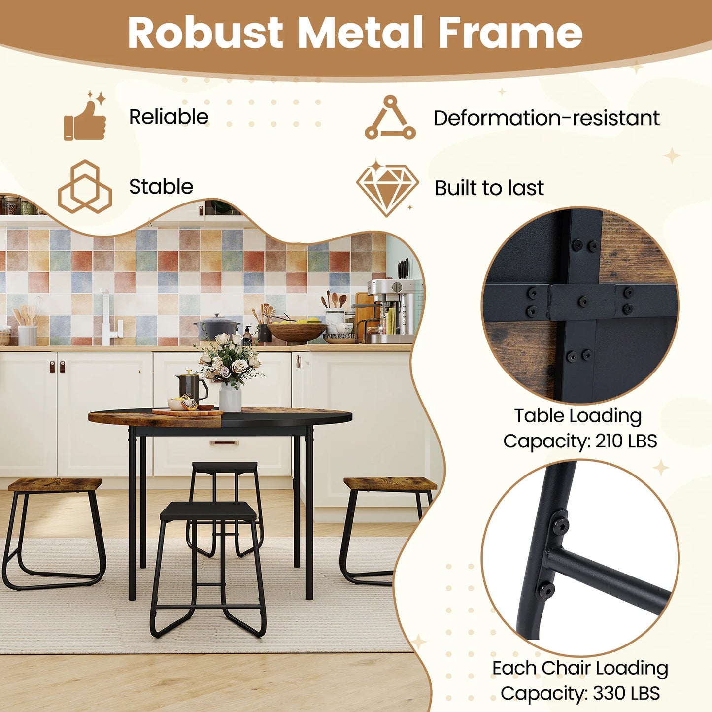 HOMASIS 5-Piece Dining Set With 4 Stools And Wooden Tabletop