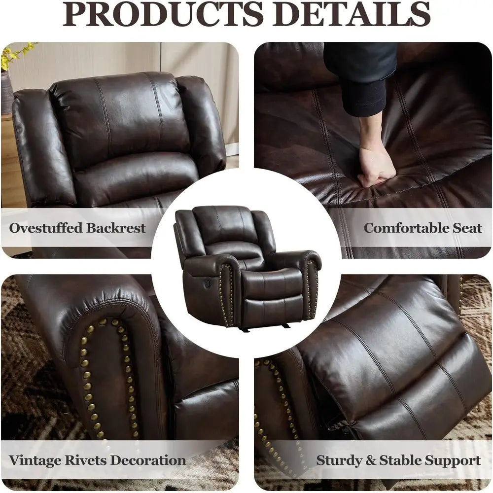 Leather Rocker Recliner Chair With Overstuffed Backrest And Armrests