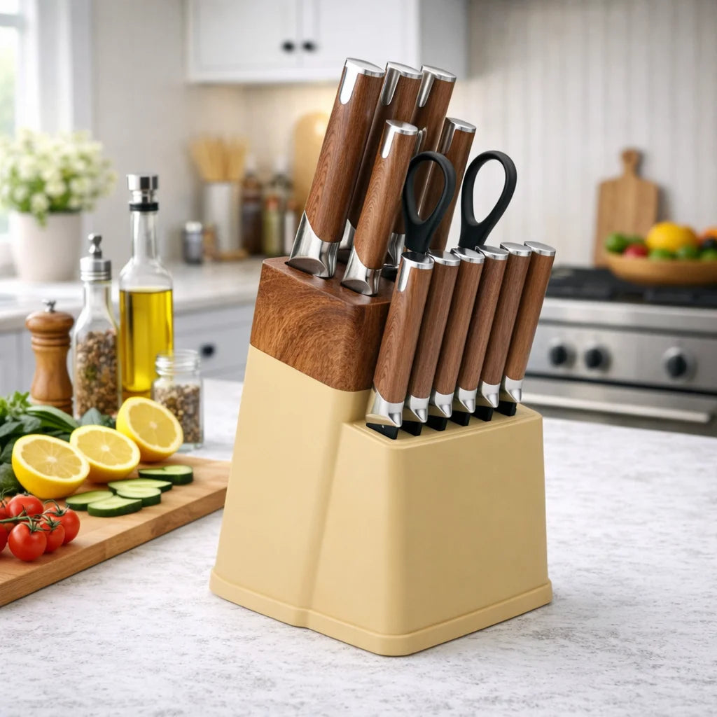 Knife Block Set With 6 Steak Knives High Carbon Stainless