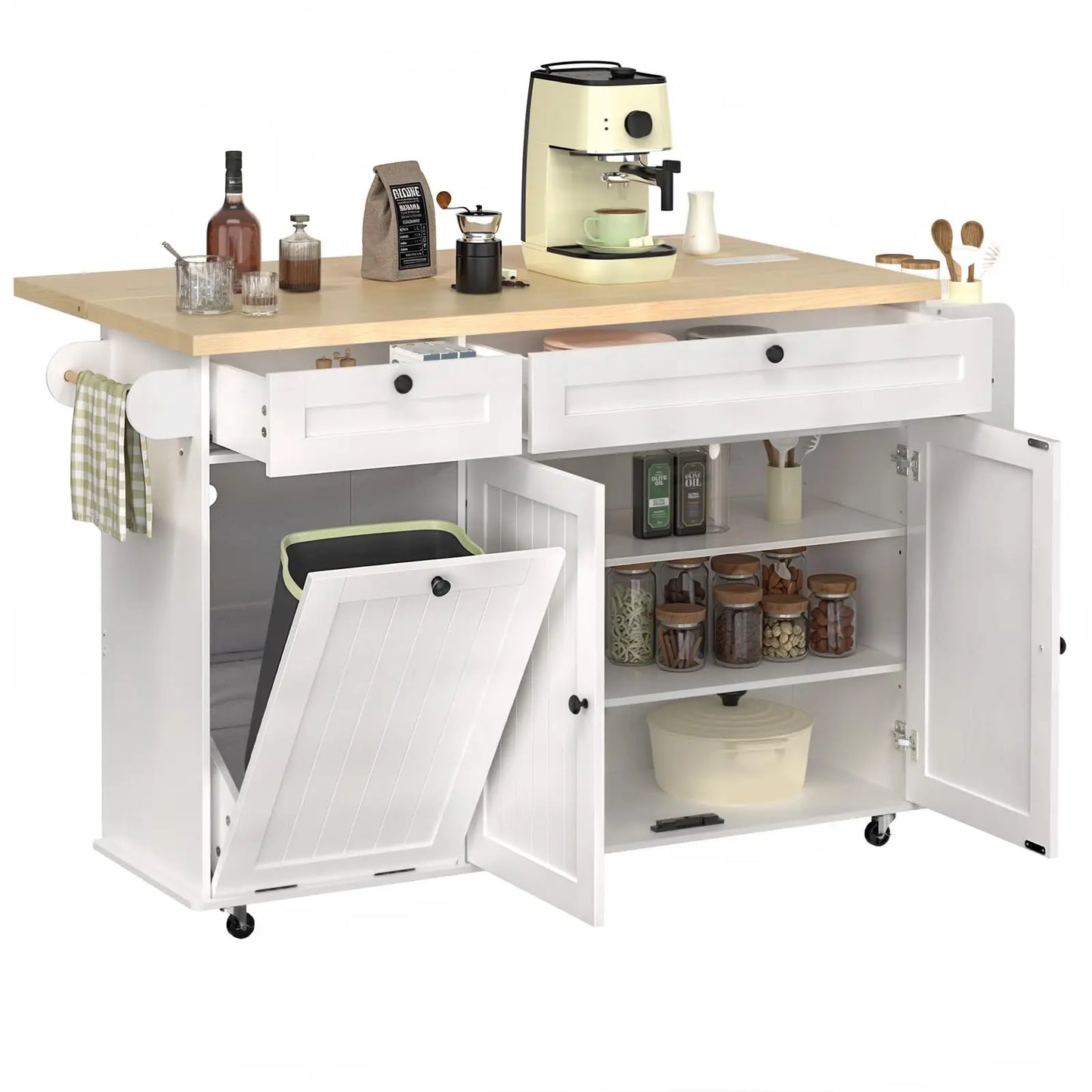 ONBRILL Mobile Kitchen Island With Drop Leaf Power Outlet Towel Rack
