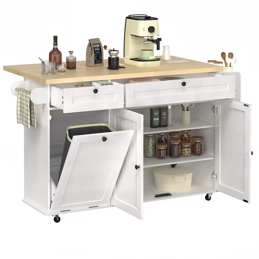 ONBRILL Mobile Kitchen Island With Drop Leaf Power Outlet Towel Rack