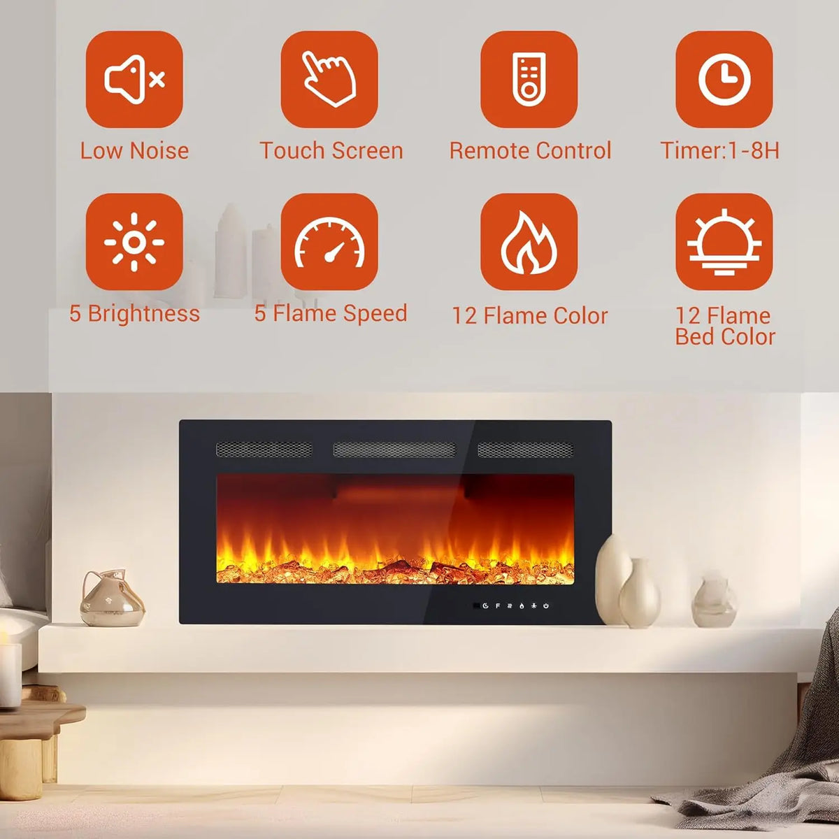 Wall Mounted Electric Fireplace Heater With Touchscreen Remote Control