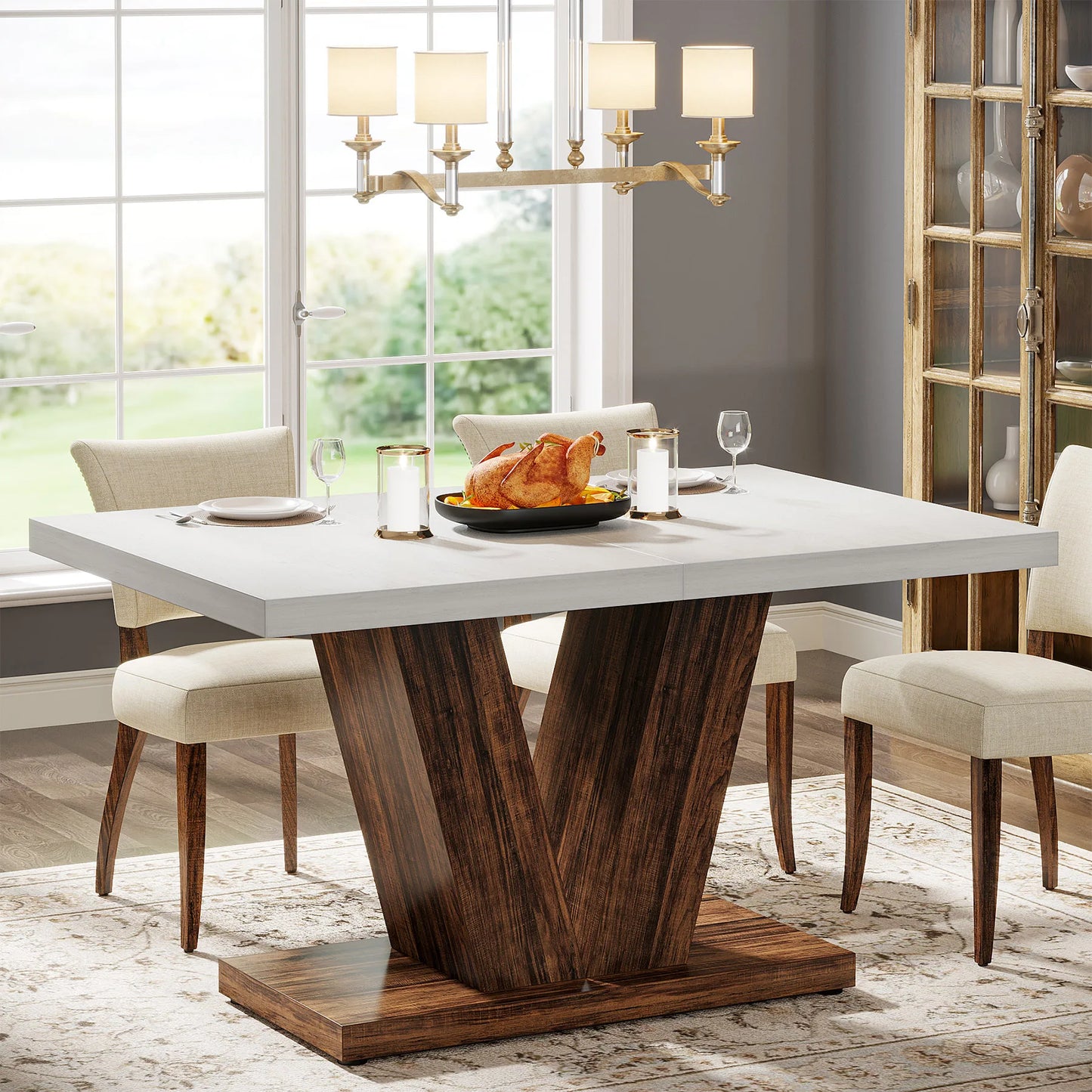 Tribesigns Dining Table Farmhouse Wood Pedestal For 4 To 6