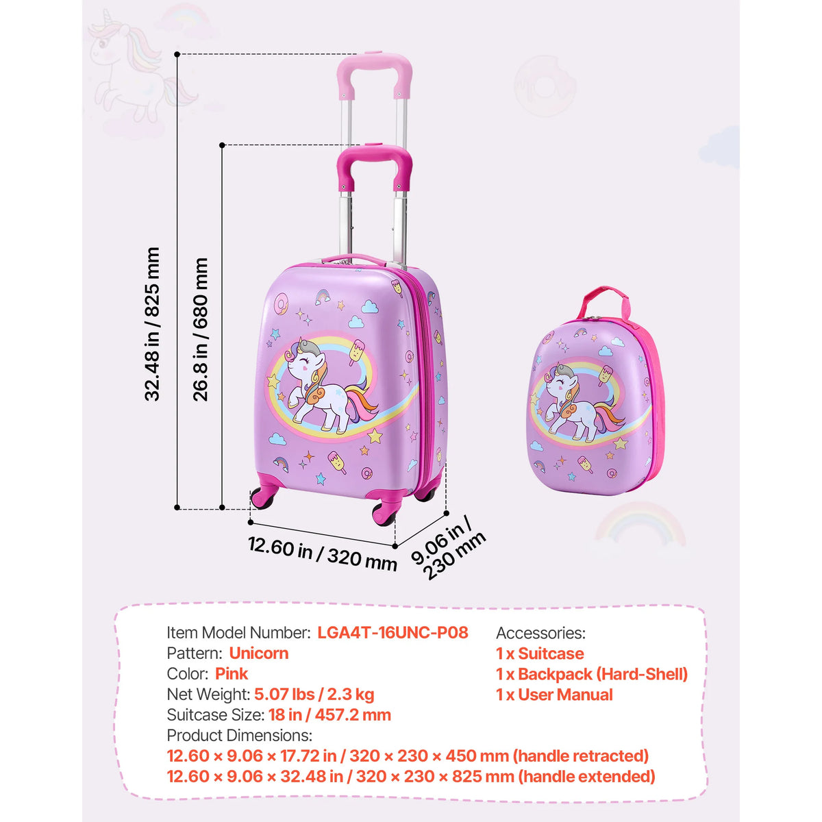 Unicorn Luggage Set With Rolling Suitcase And Hard Shell Backpack