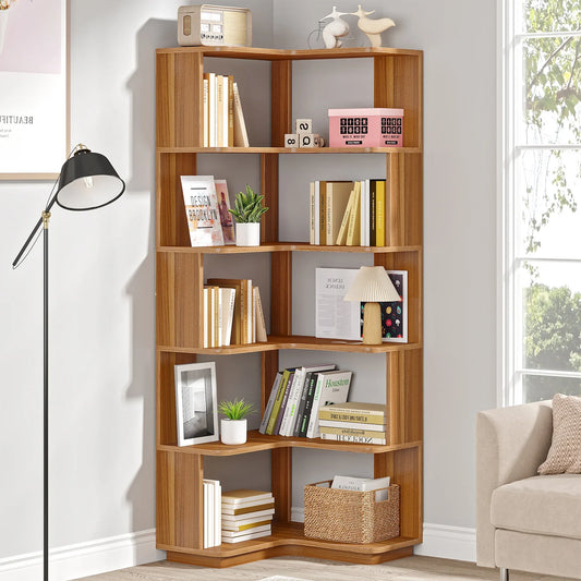 Tribesigns Six Tier Corner Bookshelf With Anti Drop Panel Wood Grain