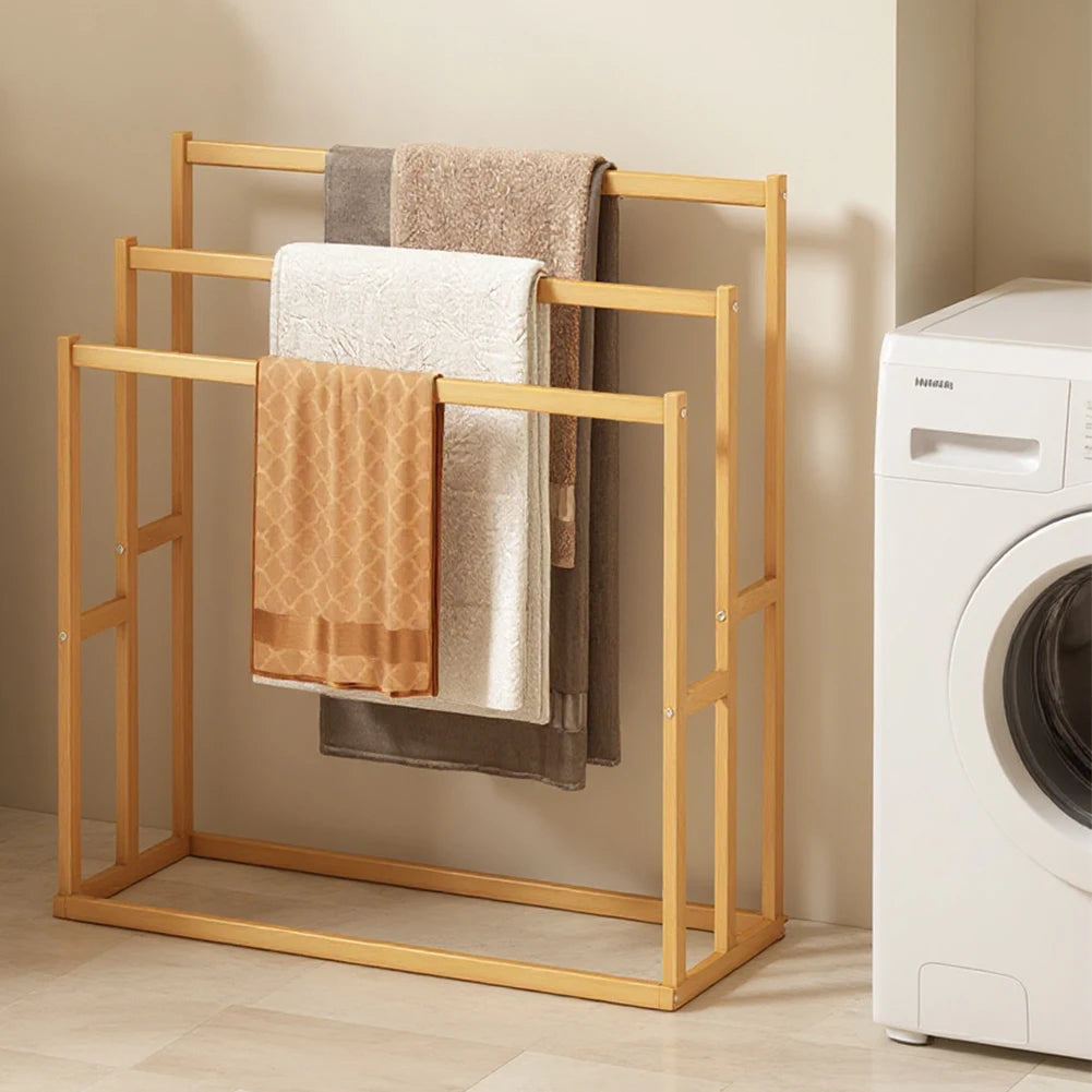 Wooden Vertical Towel Rack With 3 Hanging Crossbars For Bathroom