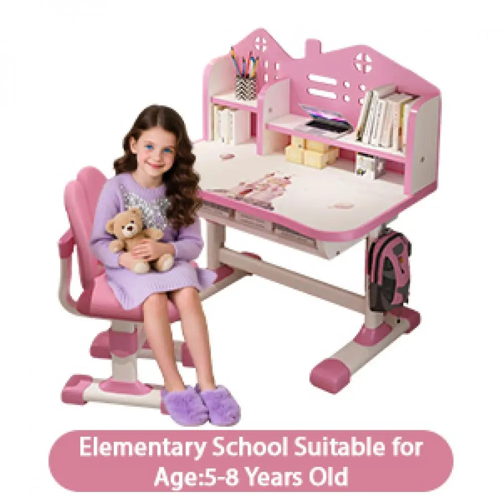 Kids Desk And Chair Set With Widened Desktop And Cartoon Pattern