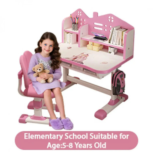Kids Desk And Chair Set With Widened Desktop And Cartoon Pattern