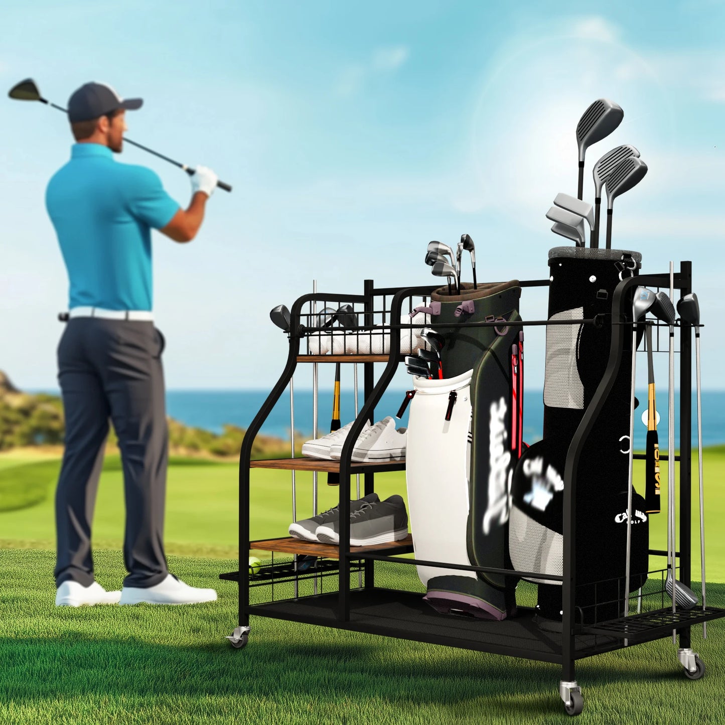 Rolling Golf Storage Rack Garage Organizer With Lockable 360 Degree Wheels