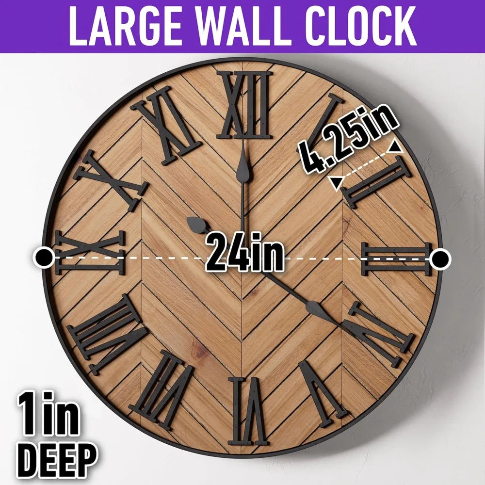 Farmhouse Wall Clock Silent Metal And Wood Living Room Decor