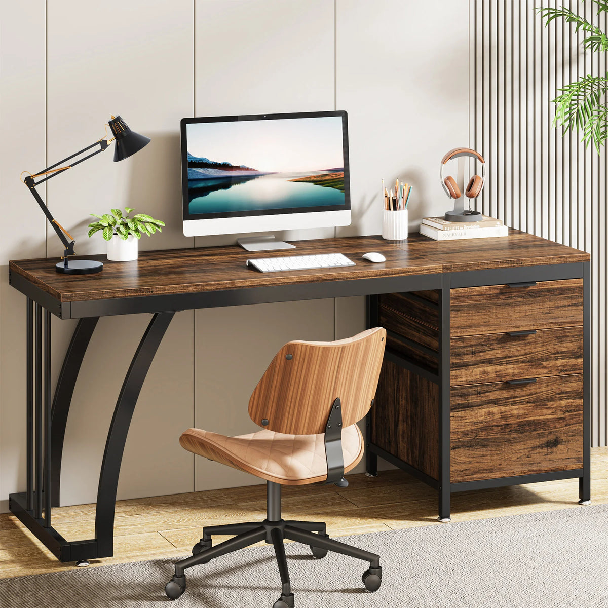 Tribesigns Computer Desk With Three Drawers Industrial Wood Workstation