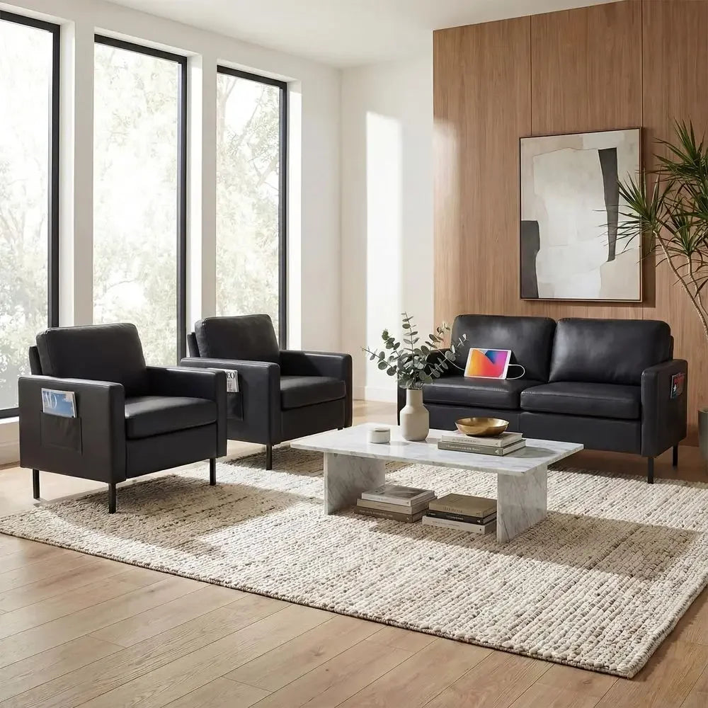 3 Piece Living Room Set Sofa Loveseat Chair USB Ports