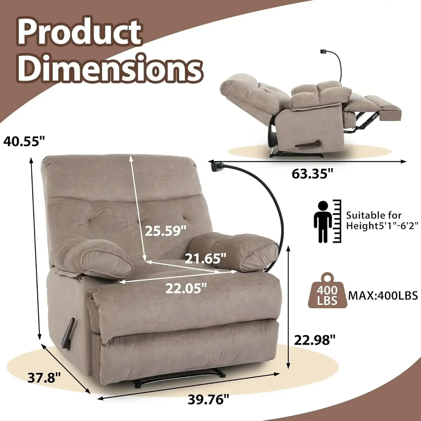 Heavy Duty Manual Recliner Chair With Phone Holder For Adults