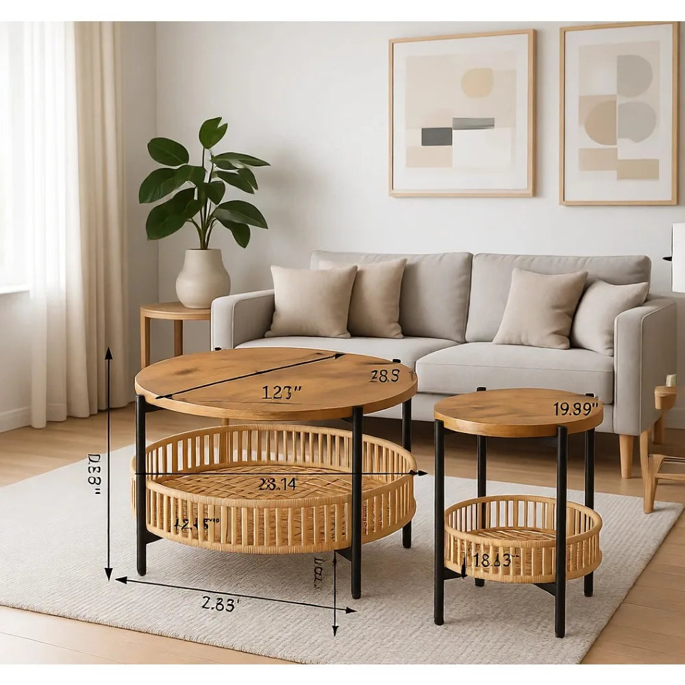 Rattan 3-Piece Coffee Table Set With Two-Tier Round Frame