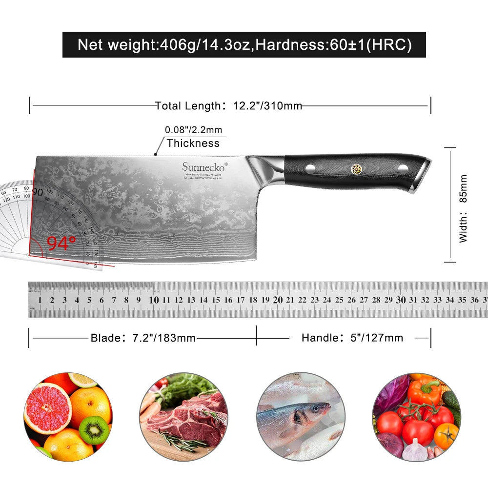 Sunnecko VG10 Damascus Cleaver Knife 73 Layer Meat Kitchen Knife