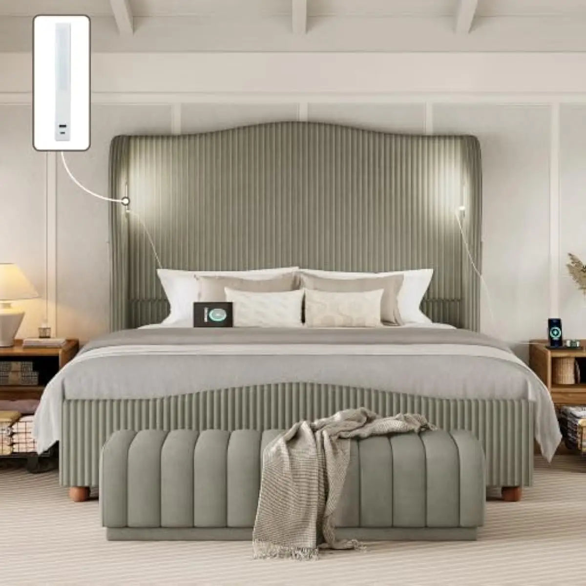 Upholstered Bed With Tall Wingback Headboard, LED Lighting And Storage
