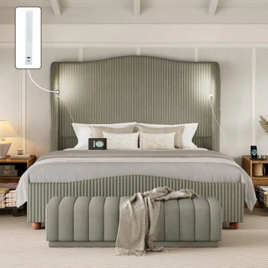 Upholstered Bed With Tall Wingback Headboard, LED Lighting And Storage