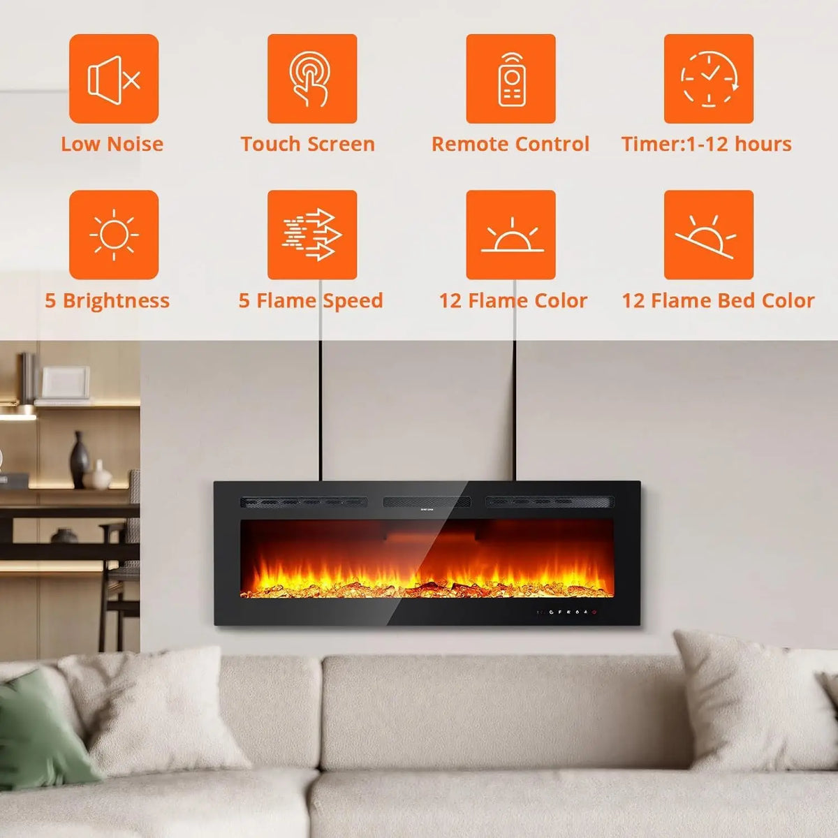Acekool Wall Mounted Electric Fireplace With 3D Flame Effects Remote Control