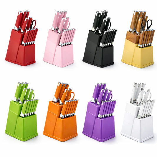 Knife Block Set With 6 Steak Knives High Carbon Stainless