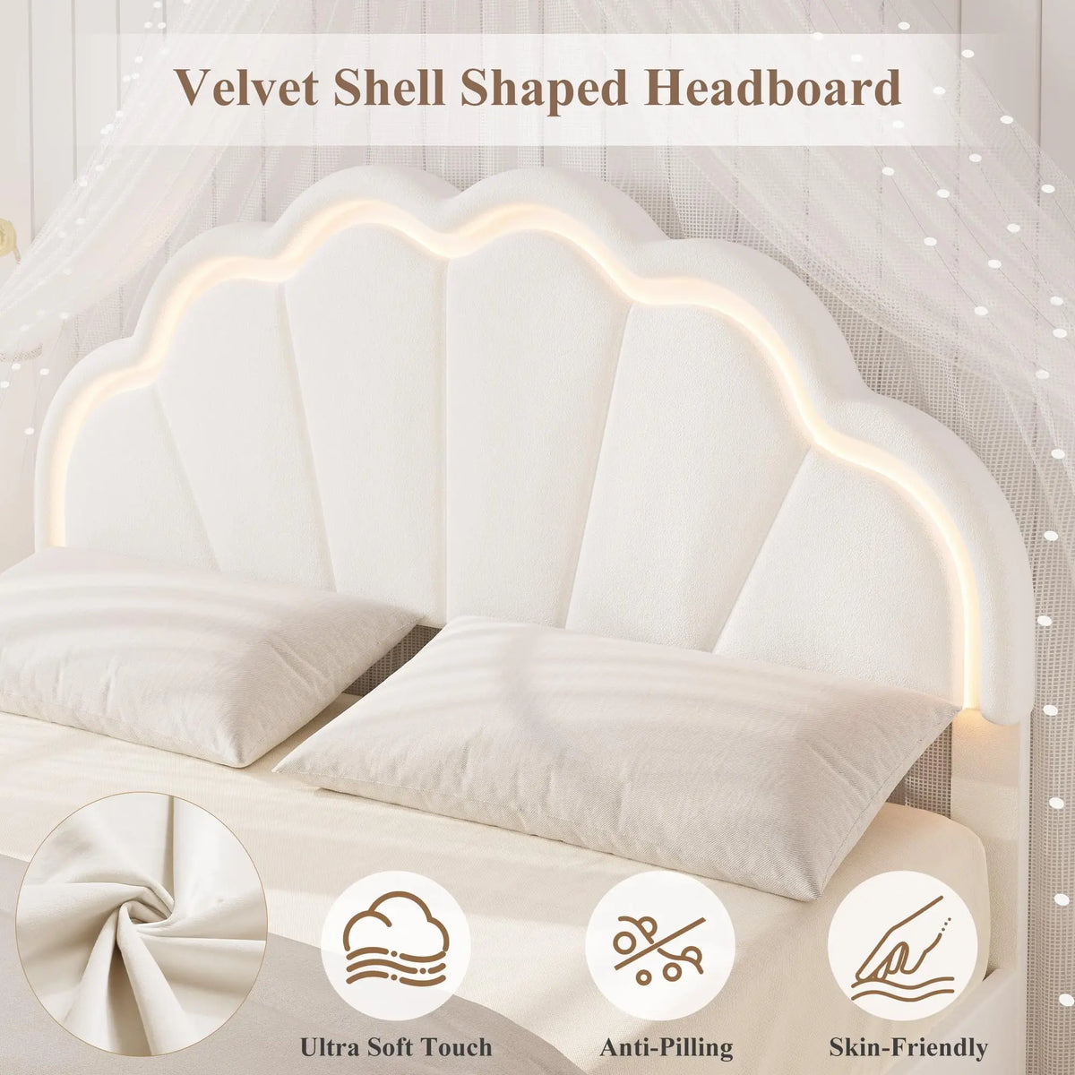 HiMISS Upholstered LED Bed Frame With Velvet Shell Headboard