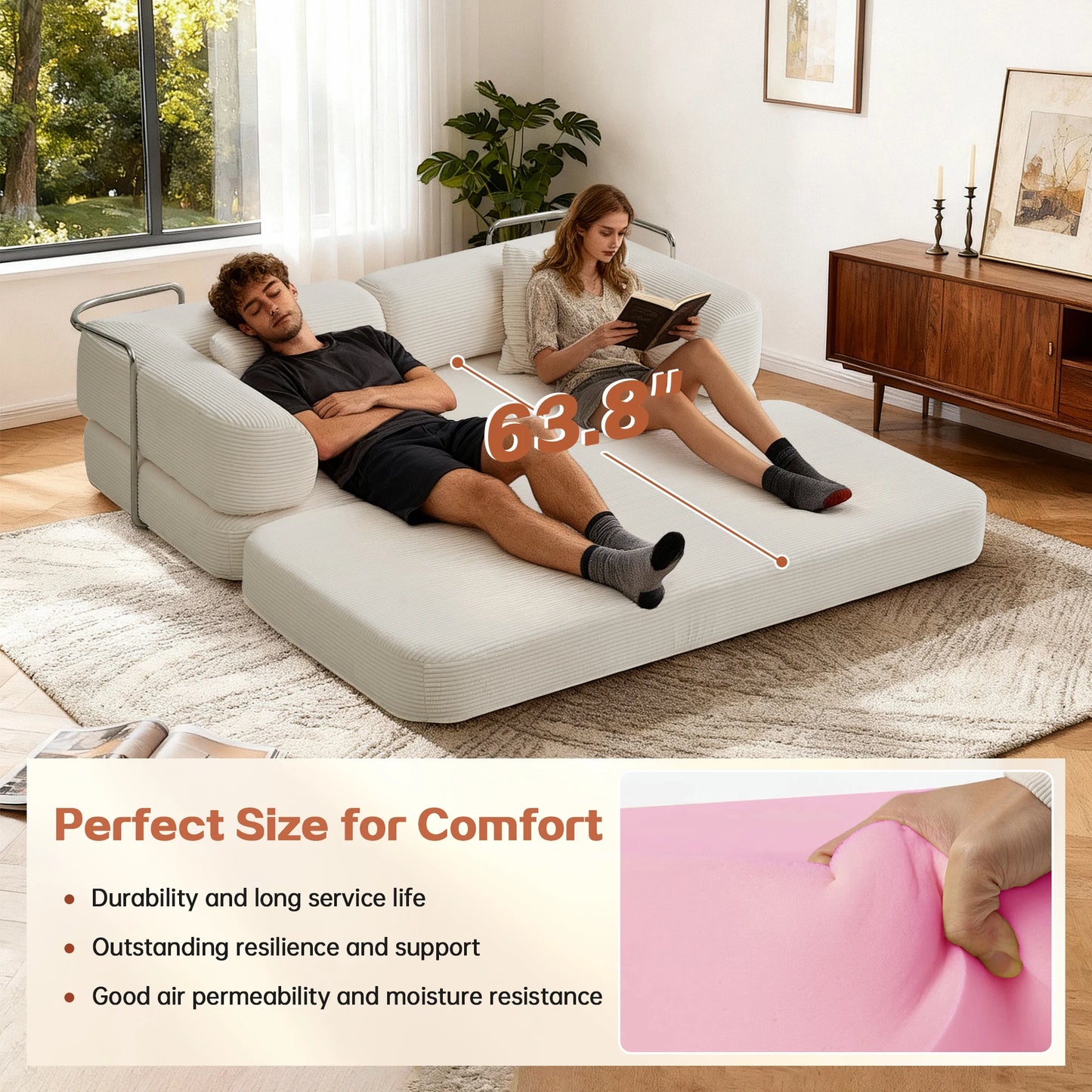 Foldable Convertible Futon Sofa Bed With L Shaped Armrests