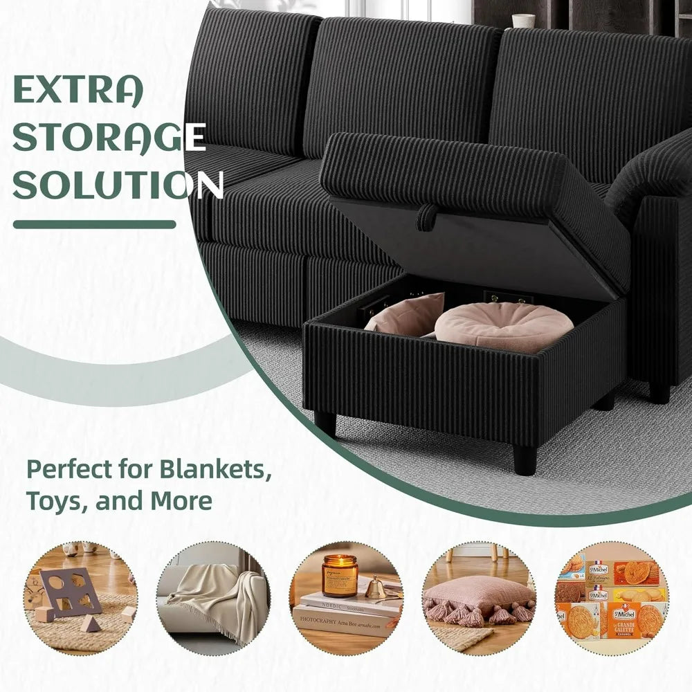L-Shaped Convertible Sofa With Storage Ottoman And Side Pocket