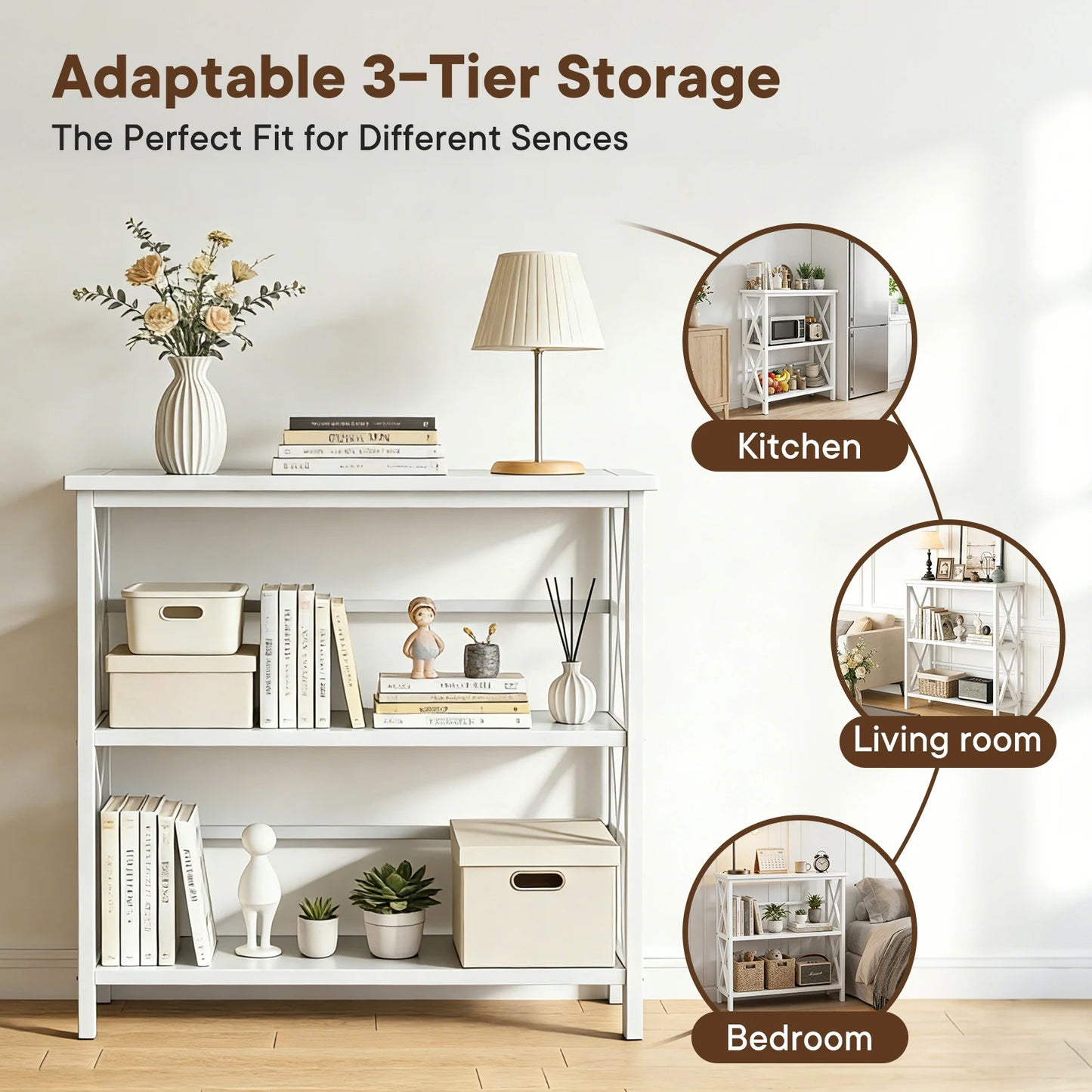 JHK 3 Tier Bookshelf with Wood Shelves and X Design