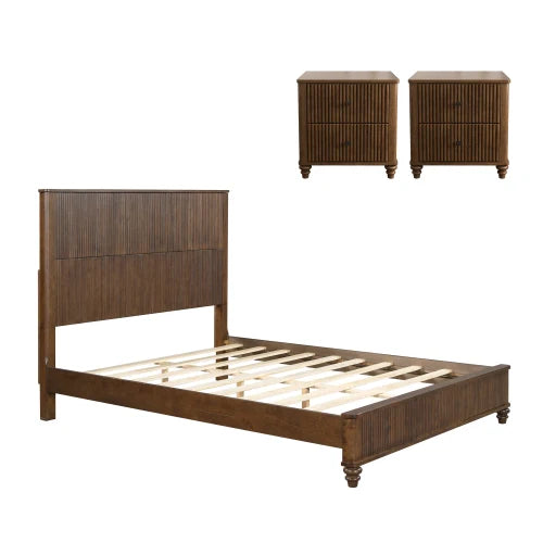 Solid Wood Three Piece Bedroom Set With Bed And Nightstands