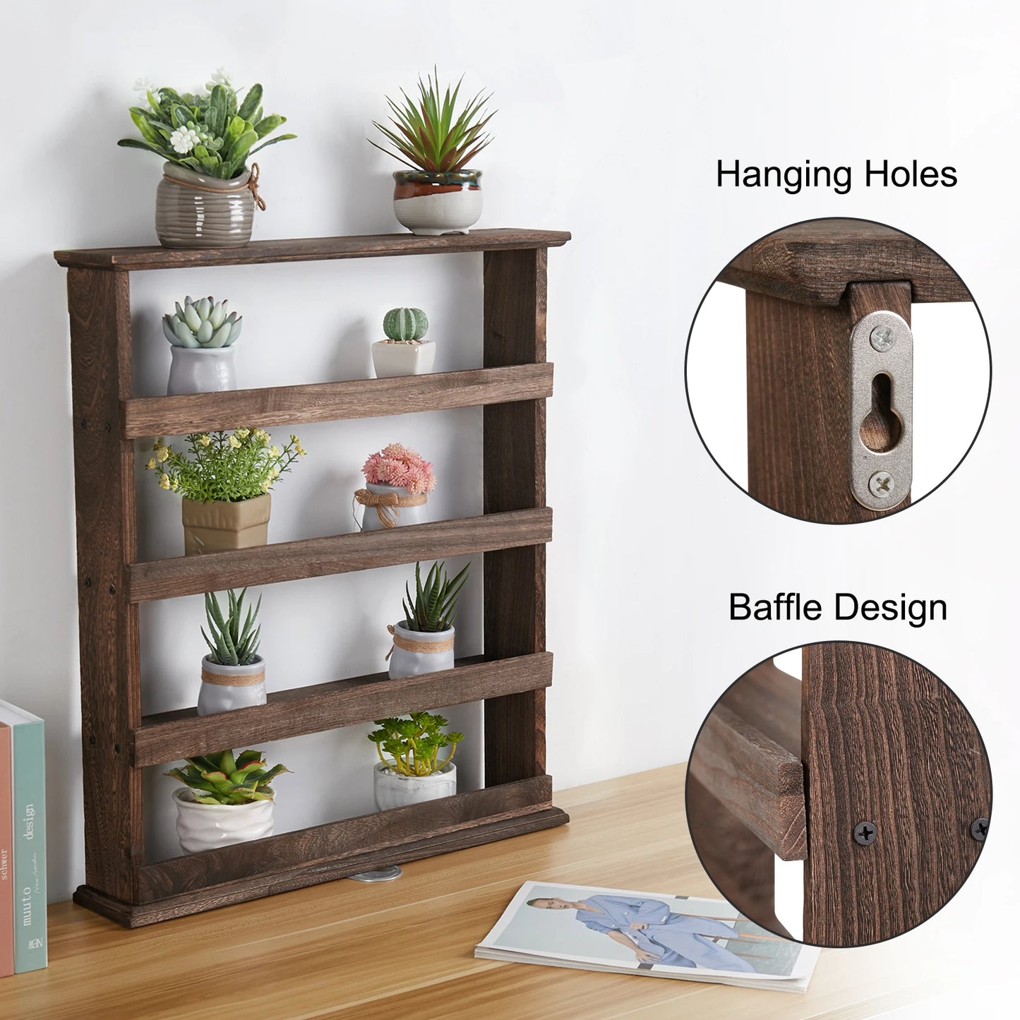 Wood Spice Rack Wall Mount Organizer Tiered Holder
