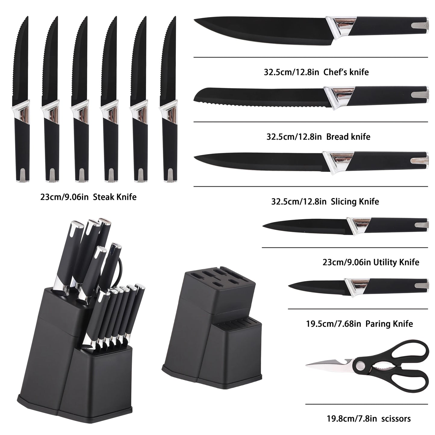 Knife Block Set With 6 Steak Knives High Carbon Stainless