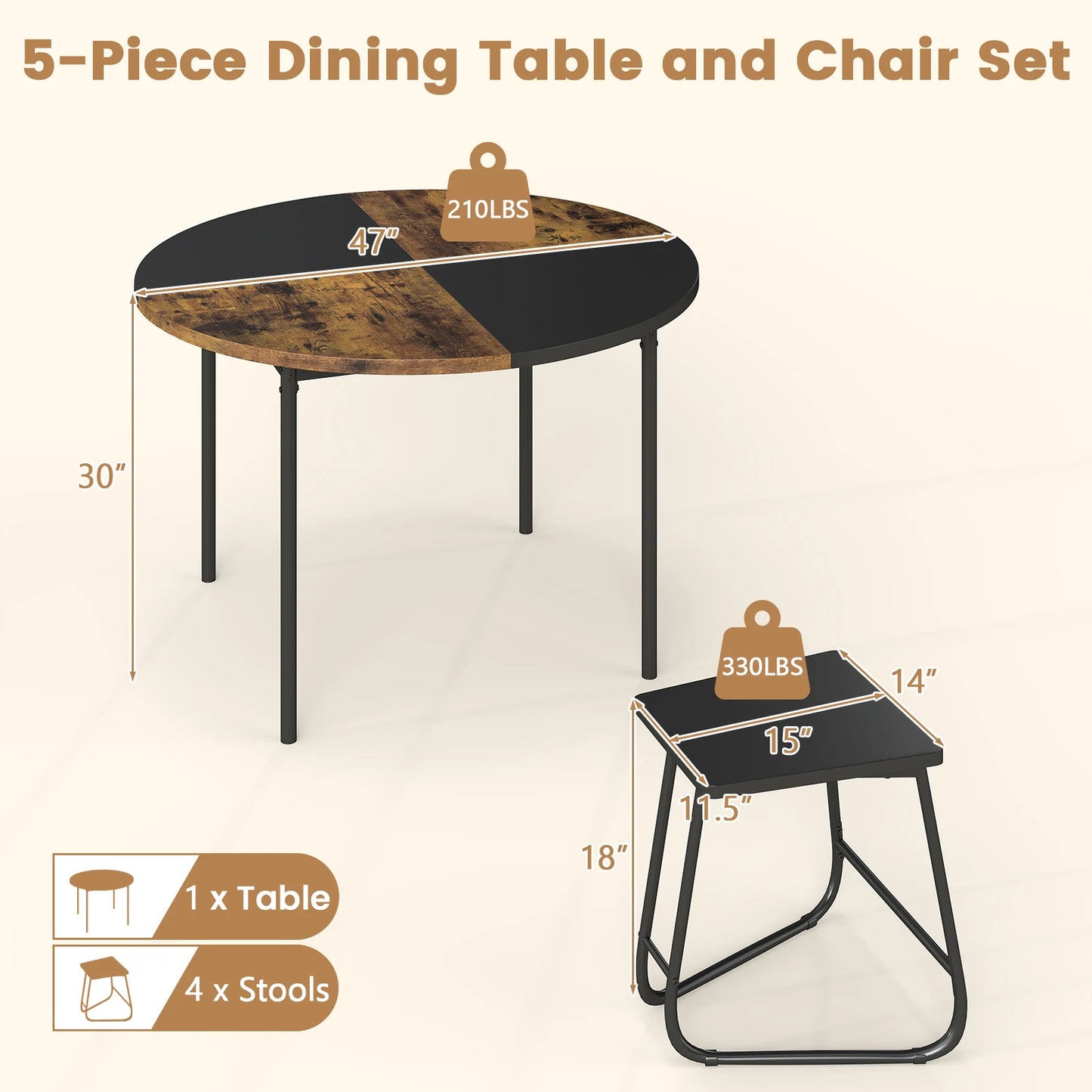 HOMASIS 5-Piece Dining Set With 4 Stools And Wooden Tabletop