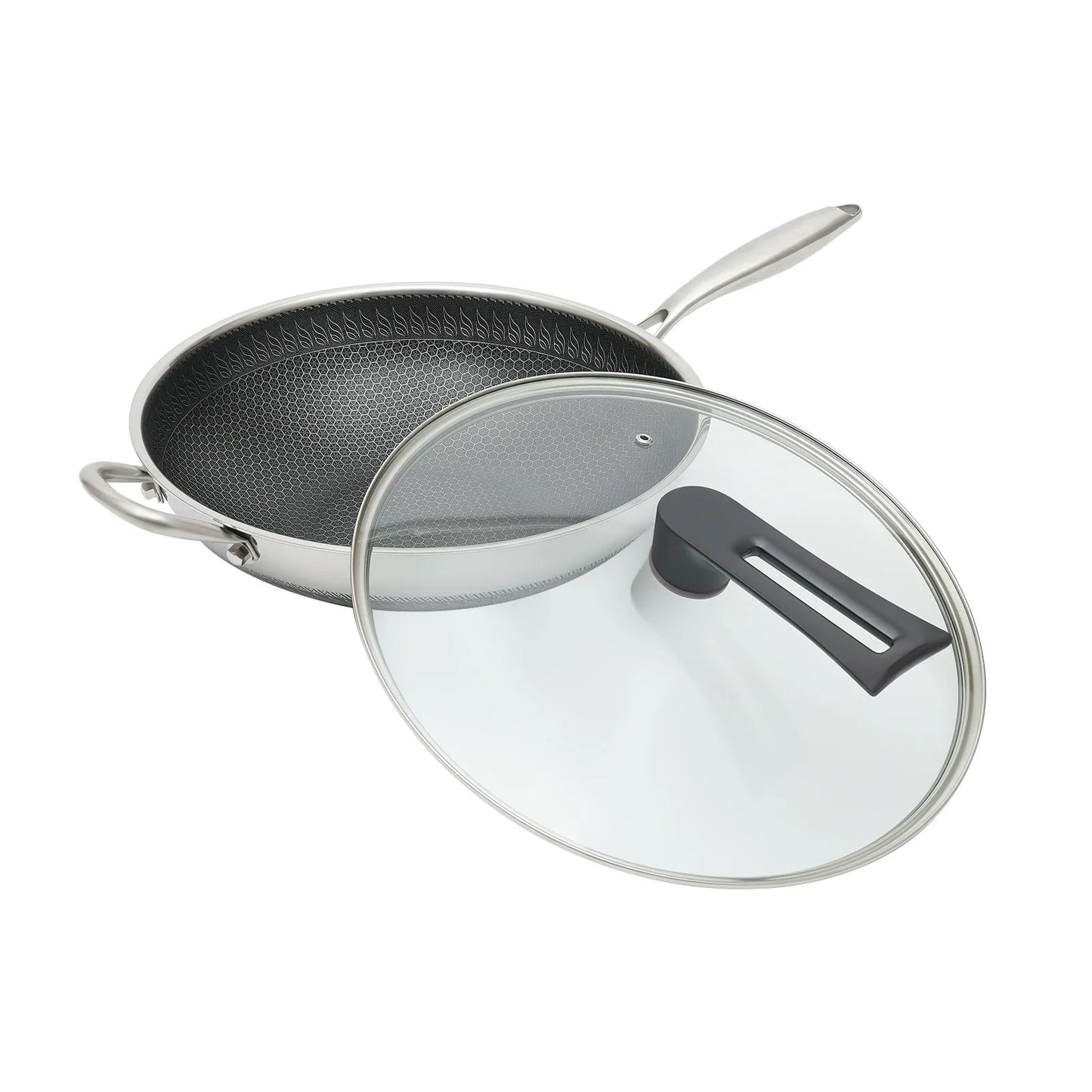 Stainless Steel Wok Pan With Lid And Handle Nonstick Double Sided Honeycomb