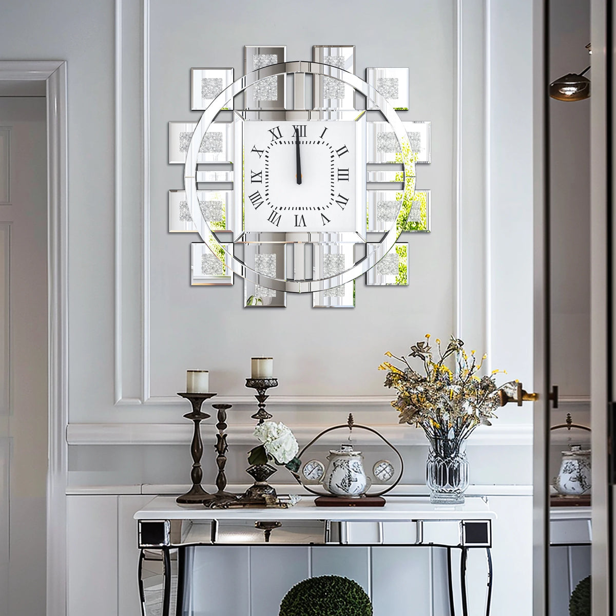 Irregular Mirrored Wall Clock With Diamond Sparkle And Roman Numerals